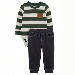 Carter’s Baby Boy 2Pc Outfit‎ 24M Green Striped Bodysuit Denim Look Joggers Set